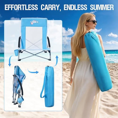 Old Bahama Bay 2 Pack Low Beach Chair - Heavy Duty 350lbs Capacity, Lightweight Folding Sand Chair with Breathable Mesh, Cup Holder & Carry Bag - Portable Low Profile Chair for Beach, Camping