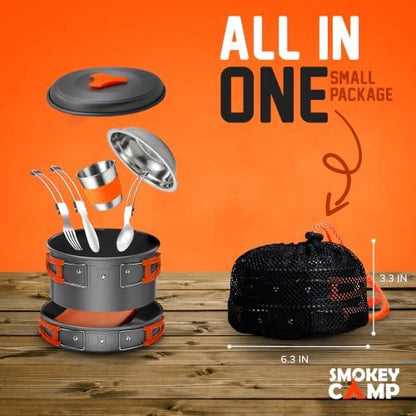 Smokey Camp Camping Cookware Mess Kit Set with Stove - Backpacking Camping Pots and Pans Set, All in One Non-Stick Camping Cooking Set, Portable Stove, Hiking, Picnic, Outdoor & Camping Cookware Set