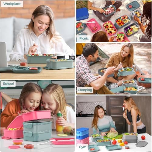 DaCool Lunch Box Adults Bento Box - 74 OZ All-in-One Stackable Lunch Box Containers for Adult Large Bento Box with Fork Spoon Sauce Boxes, Leakproof Lunchbox for Work School Dining Out,Macaron-Color