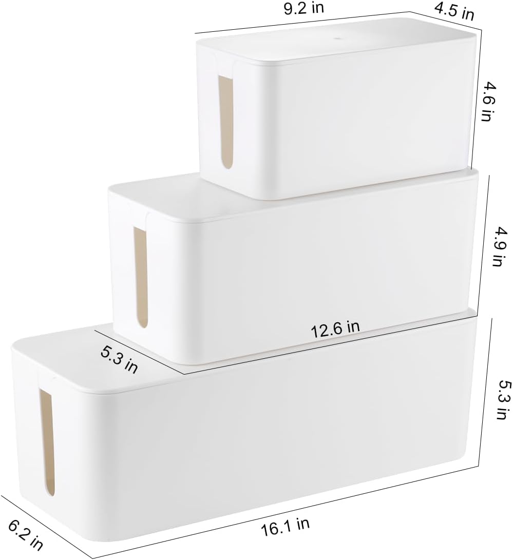 3 Pack Cable Management Box with 18 PCS Cable Management Set - Large & Medium & Small Cable Organizer Box to Hide Wires & Power Strips | TV Cord Organizer Box | for Home & Office, White