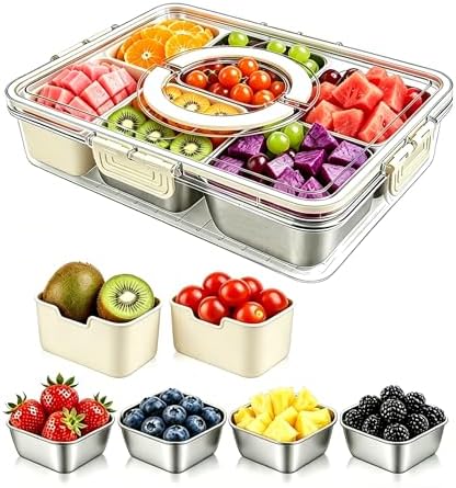 6 Compartment Snackle Box Container 3.82L with Lid & Handle, 4 PCS Stainless Steel Snacklebox and 2 PCS Plastic Box, Detachable & Dishwasher Safe, Divided Box Storage for Snack Fruit Nut