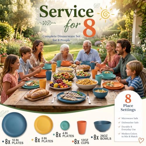 Wrova Plates and Bowls Sets, Wheat Straw Dinnerware Sets,Dishes Set for 8