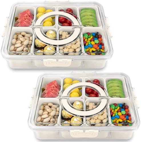 HRXFOZ Divided Serving Tray with Lid and Handle, 8 Compartment Snack Box, Portable Snack Platter for Fruits, Veggies, Nuts, Party Entertaining, Picnic (2 PCS)