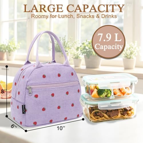 FlowFly Insulated Lunch Bag for Women – Corduroy Lunch Tote Box, Cute Cooler Bag for Work, Travel, Picnic,Corduroy Strawberries Purple