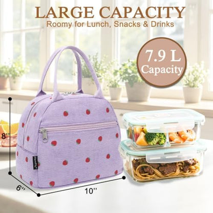 FlowFly Insulated Lunch Bag for Women – Corduroy Lunch Tote Box, Cute Cooler Bag for Work, Travel, Picnic,Corduroy Strawberries Purple