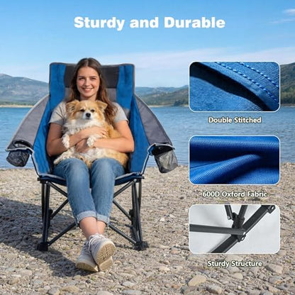 SUNNYFEEL Rocking Camping Chair Fully Padded Patio Folding Chair Portable Oversized Outdoor Rocker High Back Lawn Recliner with Side Pocket Camp Rocker Chairs for Adults Heavy Duty 500 LBS Blue