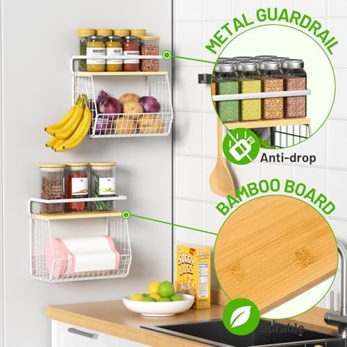 Ofiray-home Magnetic Shelf for Fridge with Wood Lid, Fruit Potato and Onion Storage Bins, Pantry Organizers & Storage, Large Container Magnetic Spice Rack for Refrigerator, Kitchen Counter (White, 2)