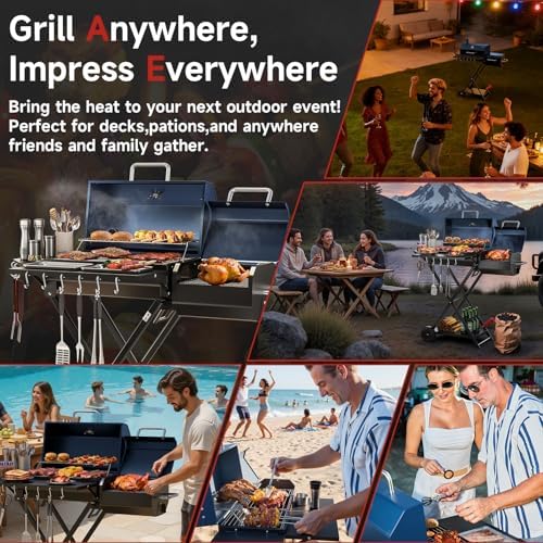 Portable Charcoal Grill with Smoking Function, Foldable Suitcase Design with Wheels, Multi-Tier Storage Rack & Waterproof Cover for Outdoor BBQ Parties (Blue)