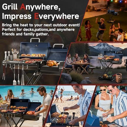 Portable Charcoal Grill with Smoking Function, Foldable Suitcase Design with Wheels, Multi-Tier Storage Rack & Waterproof Cover for Outdoor BBQ Parties (Blue)