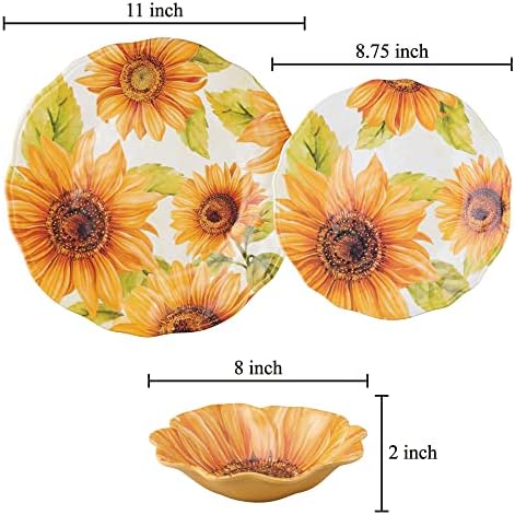 UPware 12 Piece Sunflower Melamine Dinnerware Sets, Outdoor Dishes Set, Plates and Bowls Sets, Service for 4, Yellow