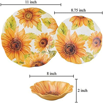 UPware 12 Piece Sunflower Melamine Dinnerware Sets, Outdoor Dishes Set, Plates and Bowls Sets, Service for 4, Yellow