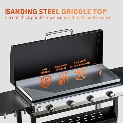 4-Burner Propane Gas Griddle – 32,000 BTU Convertible Flat Top Grill with Hood & Removable Cart – Portable for Camping, Tailgating, Backyard