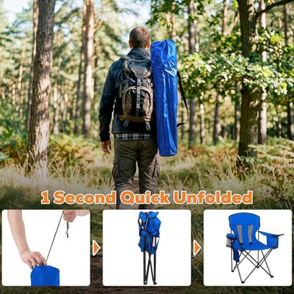 2-Pack Lightweight Heavy Duty Camping Chairs, Up to 400lbs Capacity Folding Chair with Cooler Bag & Cup Holder, Oversized Portable Lawn Chair for Outdoor, Fishing, Tailgating, Beach (Blue)
