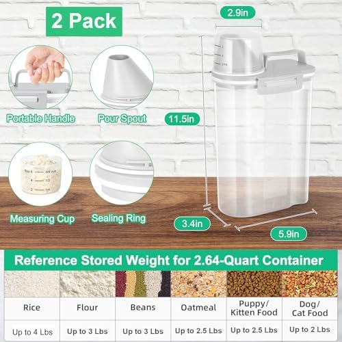 TBMax Rice Storage Container 2 Pack, Plastic Kitchen Pantry Food Storage Container with Cup, Small Pet Dog Cat Food Container Dispenser
