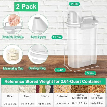 TBMax Rice Storage Container 2 Pack, Plastic Kitchen Pantry Food Storage Container with Cup, Small Pet Dog Cat Food Container Dispenser