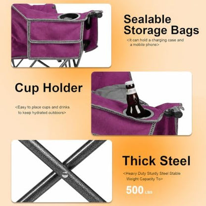 Northroad Heated Folding Loveseat Camping Chair Portable Double Duo Full Padded Garden Chair for 2 Person w/2 Cup Holder,Wine Glass Holder,Mesh Storage (Battery NOT Included)