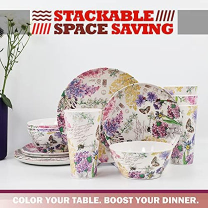Melamine Dinnerware Set for 4-16 Pcs:Camping Dishes Set with Dinner Plates,Salad Plates,Cups and Bowls.Lightweight and Unbreakable.Indoor and Outdoor Use.