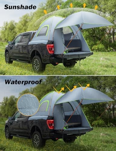 JOYTUTUS Pickup Truck Tent 5.0ft Bed Tent with Removable Awning, Waterproof PU2000mm Double Layer for 2 Person, Portable Truck Bed Tent - Green, Aluminum Pole