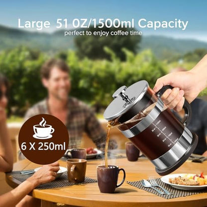 QUQIYSO French Press Coffee Maker 51oz, Large French Press, Thickened Glass