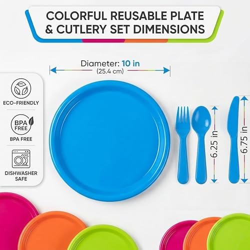Basicwise 16 Piece Reusable Plastic Dinnerware Set for 4 – Microwavable & Dishwasher Safe Assorted Color Plates, and Cutlery for Party, Picnic, Camping, Outdoor Gathering & Everyday Dining