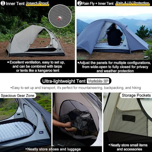 Soomloom 2-Person Lightweight Fishbone Tent Variable 2P with Inner and Groundsheet Spacious Comfortable Windproof Waterproof UV Protection Ventilation Easy Setup Camping Shelter