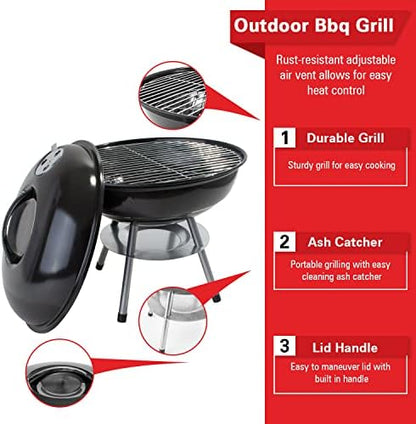 Alpine Cuisine Premium 14" Charcoal BBQ Grill Round for Outdoor Cooking, Barbecue Coal Kettle Bowl Grill Portable Heavy Duty Round with Legs Grilling for Tailgating Patio Backyard Camping - Black
