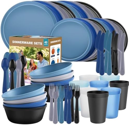 40 Piece Plastic Dinnerware Set for 8 with Cutlery, Unbreakable Plates and Bowls Set, Dishwasher & Microwave Safe Reusable Dish Set for Camping, RV, Outdoor Kitchen, Apartment Dining,Ocean Multicolor