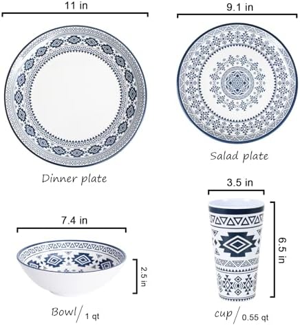 Melamine Dinnerware Set for 4-16 Pcs:Camping Dishes Set with Dinner Plates,Salad Plates, Bowls and Cups.Lightweight and Unbreakable.Indoor and Outdoor Use.