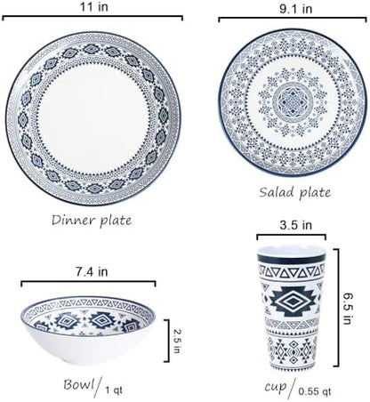 Melamine Dinnerware Set for 4-16 Pcs:Camping Dishes Set with Dinner Plates,Salad Plates, Bowls and Cups.Lightweight and Unbreakable.Indoor and Outdoor Use.