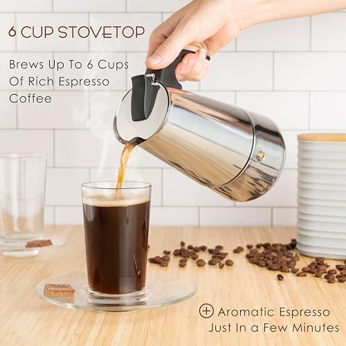 Mixpresso 6 Cup Greca Moka Pot, Stainless Steel Stovetop Espresso Maker