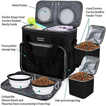 BAGLHER Dog Travel Bag, Pet Travel Bag (ALL Pet Travel Supplies), With 2 Pet Food Containers and 2 Collapsible Silicone Bowls; Essential Kits for Travel Black