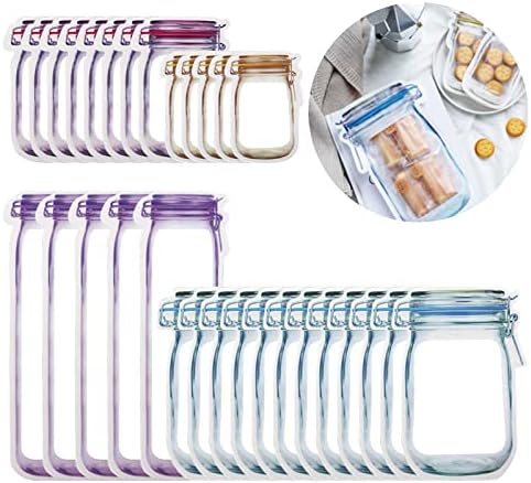 30Pcs Mason Jar Zipper Bags Reusable Snack Bags Portable Food Storage Snack Zipper Bags Food Saver Storage Bags Zipper Sealed Bags for Kitchen Travel Camping Picnic Organizer (5S 8M 12L 5T)
