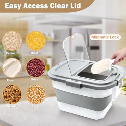 Komzon Rice Storage Container 10-40 lb, 25 lb Pet Dog Food Storage Container, Collapsible Airtight Rice Container,Rice Dispenser Bin with Cup and Scoop for Flour Cereal Pasta Grain, Cat Bird Food