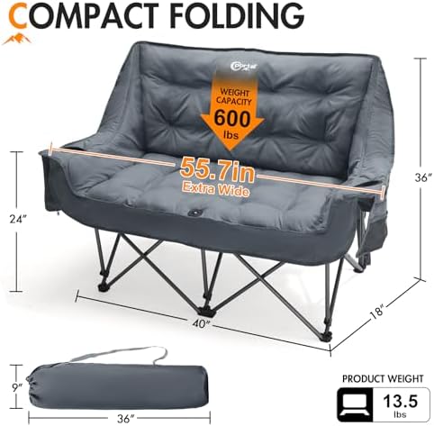 Portal 600 lbs Double Camping Chair,2 Person Folding Loveseat,Gray