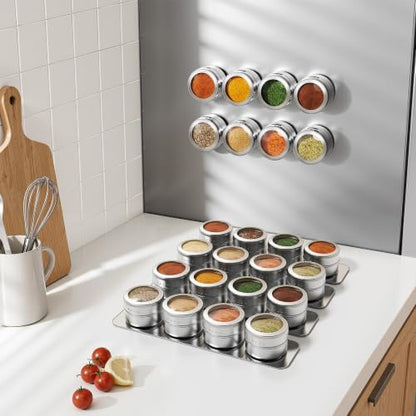 Vetacsion Set of 16 Magnetic Spice Tins with 4 Metal Wall-Plates,120 Preprinted Seasoning Label Stickers,2 Styles for 3 oz Herb Jars