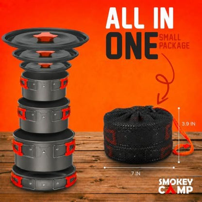 Smokey Camp Camping Cookware Mess Kit Set with Stove - Backpacking Camping Pots and Pans Set, All in One Non-Stick Camping Cooking Set, Portable Stove, Hiking, Picnic, Outdoor & Camping Cookware Set