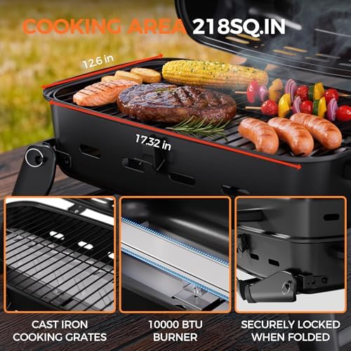 MASTER COOK 10,000 BTU Portable Gas Grill, Outdoor Compact Tabletop BBQ Small Propane Grill with Foldable Legs for RV, Hiking, Camping, Patio, Tailgating