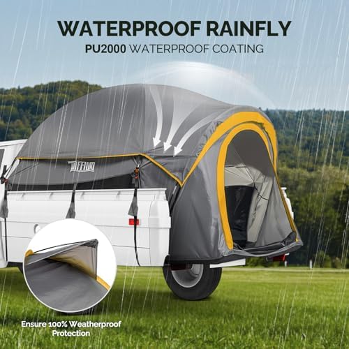 TUFFIOM 5.5-6ft Pickup Truck Tent for Camping, Truck Bed Tent with Reinforcement Fiberglass Poles, PU2000mm Waterproof and Rainfly for 2 People, Easy Set Up, Good Ventilation, Yellow