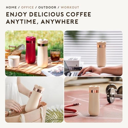 Portable Travel French Press Coffee Maker 12oz Portable French Coffee Maker and Tea Maker Double Walled Stainless Steel Vacuum Insulated Coffee Mug Great for Camping and Traveling (Rose)