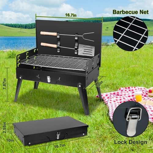 Portable Charcoal Grill, Small Grill Outdoor BBQ Suitcase with Lid