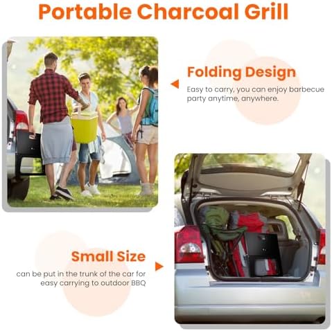 Folding Charcoal Grills, Black Notebook-Style Small Portable BBQ Grill for Outdoor Camping, Picnics, Cooking, Bonfire, Patio, Backyard