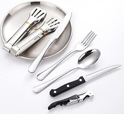 Camping Silverware Silver Picnic Plates and Utensils Set for 4 Portable Tableware Stainless Steel Dinnerware 20 Pieces With Organizer Bag Reusable Durable