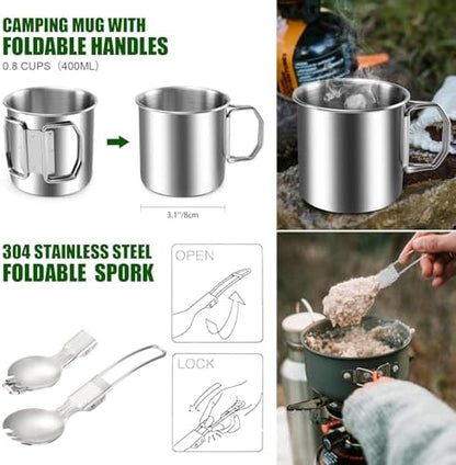 Odoland 8pcs Camping Cookware Mess Kit, Camping Pot and Pan Set with Mini Backpacking Stove, Stainless Steel Cup, Spork and Tank Bracket, Cooking Gear for Outdoor, Hiking, Picnic, Campfire