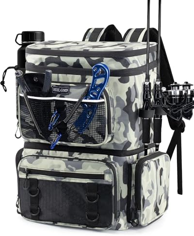 HXLGMD Fishing Backpack with Rod Holders, Double Layer Large Water-resistant Tackle Bag Store Gear with Cooler, Grey