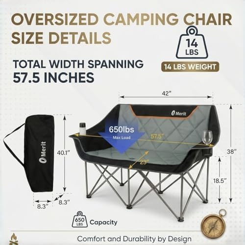 EMERIT Oversized Fully Padded Camping Chair, Heavy Duty 650LB Folding Camping Loveseat, Quad Fold Double Camping Couch with Cup Holders & Carry Bag for Outdoor, Lawn, Sports Events Black