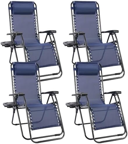 Sweetcrispy Zero Gravity Chairs, Set of 4 Portable Recliner Beach Camping Patio Outdoor Folding Lounge Chair with Cup Holder Trays and Adjustable Pillow for Poolside, Garden, Backyard, Lawn, Blue