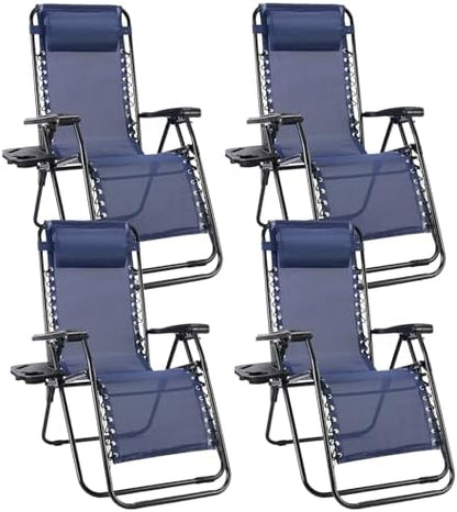 Sweetcrispy Zero Gravity Chairs, Set of 4 Portable Recliner Beach Camping Patio Outdoor Folding Lounge Chair with Cup Holder Trays and Adjustable Pillow for Poolside, Garden, Backyard, Lawn, Blue