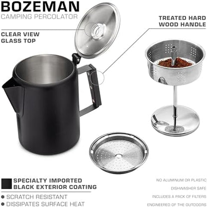 COLETTI Bozeman Black Percolator Coffee Pot — Camping Coffee Pot — America’s Sleekest Percolator – NO Aluminum or Plastic [9 cup]
