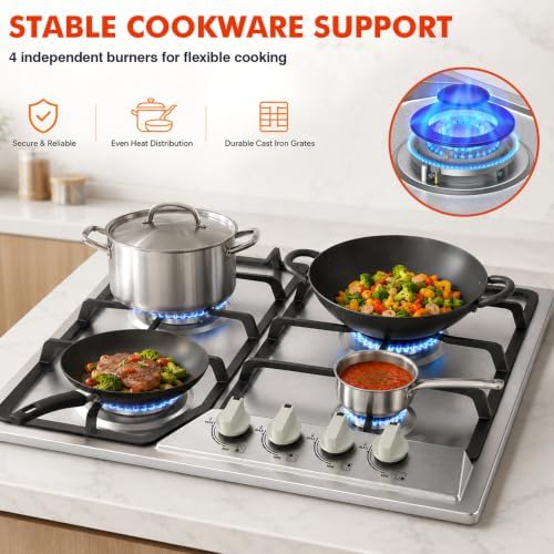 Llamaviva 24 Inch Gas Cooktop, 4 Burner Propane Stove Top with 26,000 BTU
