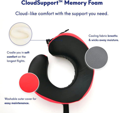 C CUSHION LAB Travel Pillow, Award-Winning Patented Ergonomic Design for Chin & Neck Support Memory Foam Neck Pillow, Compact Airplane Pillow for Traveling, Flight, Car (Bold Red, Large)